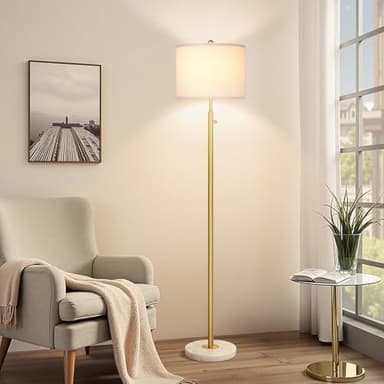 【Upgraded】Dimmable Gold Floor Lamps for Living Room, 11W LED Bulb Included, Modern Standing Lamp with Marble Base, Tall Pole Light with White Linen Shade for Bedroom Reading Office Corner Nursery - Image 8