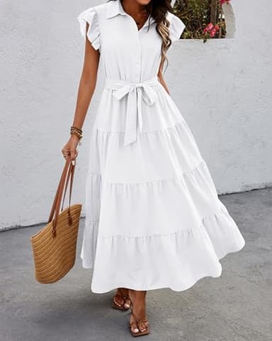 dowerme Women Summer Dress Trendy Ruffle Sleeve Button V Neck Belted Pleated Tiered Loose Boho Flowy Shirt Dresses 2025(White,XX-Large) - Image 2