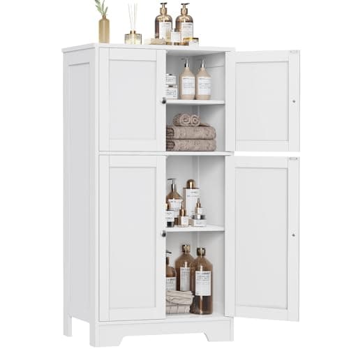 Iwell Bathroom Floor Storage Cabinet with 2 Adjustable Shelves & 4 Doors, Freestanding Bathroom Cabinet, Cupboard for Living Room, Entryway, Home Office, White - Image 1