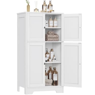 Iwell Bathroom Floor Storage Cabinet with 2 Adjustable Shelves & 4 Doors, Freestanding Bathroom Cabinet, Cupboard for Living Room, Entryway, Home Office, White - Image 1