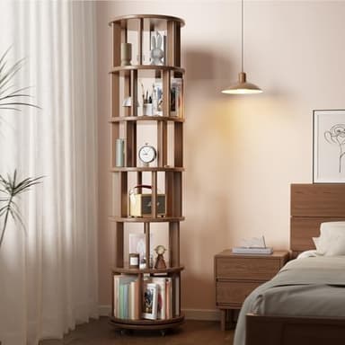 Muwuele Solid Wood Rotating Bookshelf on Wheels, 6 Tier, Round Revolving Bookcase, 360° Spinning Book Shelf Tower for Kids, Narrow Rolling Bookshelves for Small Space, Corner, Bedroom, Office, Walnut - Image 8