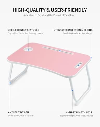 ZEAPTAC Laptop Bed Desk, Foldable Lap Desk, Portable Lap Table, Laptop Stand with Cup Holder & Tablet Slot & Lifting Handle for Working Writing Drawing & Eating - Pink - Image 7