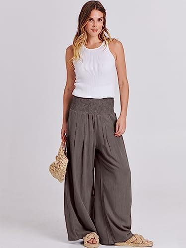 ANRABESS Women Linen Palazzo Pants Summer Boho Wide Leg High Waist Casual Lounge Pant 2025 Beach Travel Vacation Outfits Coffee X-Large - Image 5