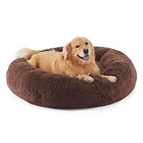 Bedsure Calming Dog Bed for Extra Large Dogs - Donut Washable Large Pet Bed, Anti-Slip Round Fluffy Plush Faux Fur Dog Bed, Fits up to 120 lbs Pets, Coffee, 45 inches - Image 1