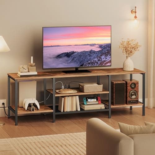 HOOBRO TV Stand with Power Outlets to 75 Inches, TV Console Table with Open Storage Shelves Cabinet, Industrial Media Entertainment Center for Living Room Bedroom, Rustic Brown and Black BF60DS01 - Image 1
