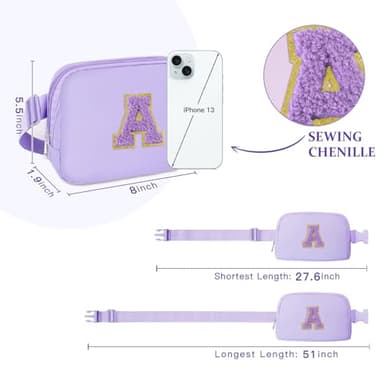 Purple Belt Bag Fanny Pack Crossbody Travel Essential Stuff Trendy Birthday Easter Gifts for 4 5 6 7 8 9 10 11 12 Year Old Little Big Girls Monogrammed Cute Presents Initial Letter A - Image 3