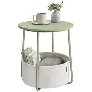 VASAGLE Small Round Side End Table, Modern Nightstand with Fabric Basket, Laurel Green and Cream White ULET223C69 - Image 1