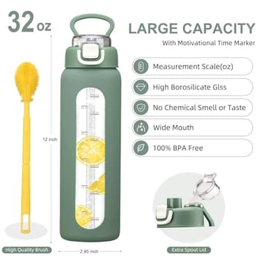 chunmo 32 oz Glass Water Bottles with 2 Lids-Handle Spout Lid & Straw Lid, 1 Liter Motivational Borosilicate Water Bottle with Time Marker and Silicone Sleeve,Leakproof-Olive-1 Pack - Image 4