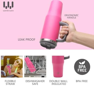 40 oz Insulated Tumbler with Handle, Stainless Steel Straw and silicone sleeves, Leakproof Travel Mug for Water, Iced Tea or Coffee, Insulated Cup Gifts for Women & Men, Strawberry Red - Image 3