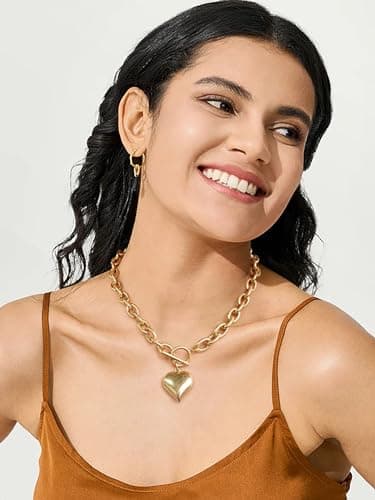 CLASSYZINT Gold Chunky Puffy Heart Pendant Necklaces for Women, Big Heart Chain Link Necklace Toggle Clasp Heart Charm Necklaces - Image 3