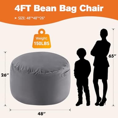 Sweetcrispy Bean Bag Chairs, 3Ft Bean Bags for Kids Teens, Large Beanbag Chair with Memory Foam Filled and Soft Removable Washable Cover, Comfy Sofa for Living Room Bedroom Dorm, Light Grey - Image 3