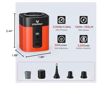 ETENWOLF AIR 3 Air Pump for Inflatables with 2600 mAh Battery & Camping Light, Ultra-Fast and Mini Electric Air Pump, Inflate Deflate for Air Mattress, Pool Floats, Vacuum Storage Bags, Vivid Orange - Image 7