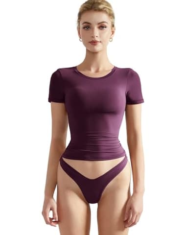 SUUKSESS Women Double Lined Fitted Basic Tee Shirts Crew Neck Short Sleeve Y2K Going Out Crop Tops (Plum, M) - Image 1