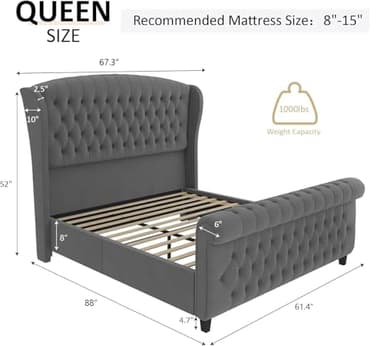 AMERLIFE Queen Size Platform Bed Frame, Velvet Upholstered Sleigh Bed with Scroll Wingback Headboard & Footboard/Button Tufted/No Box Spring Required/Grey - Image 2