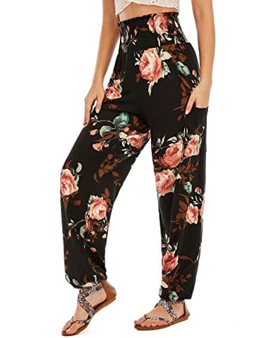 QIANXIZHAN Women's Harem Pants, High Waist Yoga Boho Trousers with Pockets Rose Black L - Image 1