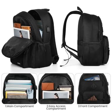 Black Backpack for Men and Women, Backpack for School Teens Boys and Girls, Lightweight Casual High School Bookbag, Daily-use Travel Laptop Backpack with USB Charging Port Fits 17.3 Inch Notebook - Image 2