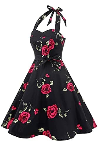 Topdress Women's Vintage Polka Audrey Dress 1950s Halter Retro Cocktail Dress Black/Fuchisa Rose S - Image 5