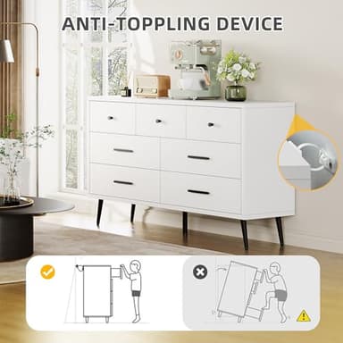 DWVO White 7 Drawer Dresser, 47" W Large Double Dresser Chest of Drawers, Modern Wood Storage Organizer with Black Metal Handles & Anti-Tipping Device for Hallway, Entryway - Image 5