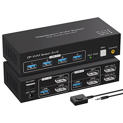ATLAHET Displayport KVM Switch 2 Monitors 2 Computers 8K 60Hz 4K 120Hz Dual Monitor USB 3.0 KVM Switches for 4 USB Devices, Wired Extension Button,12V DC Adapter and USB3.0 Cables - Image 1