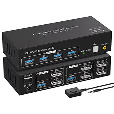 ATLAHET Displayport KVM Switch 2 Monitors 2 Computers 8K 60Hz 4K 120Hz Dual Monitor USB 3.0 KVM Switches for 4 USB Devices, Wired Extension Button,12V DC Adapter and USB3.0 Cables - Image 1