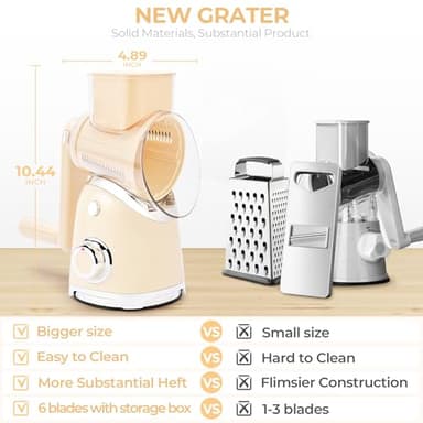 SUSTEAS Rotary Cheese Grater with Handle, Vegetable Slicer, 6 Interchangeable Blades, Reinforced Suction, Easy to Clean, Kitchen Shredder for Crushed Ice, Fruits, Nuts with Blade Storage Case, Beige - Image 3