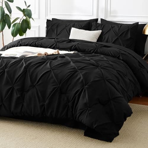 CozyLux Queen Comforter Set Black, 7 Pieces Pintuck Bed in A Bag, Premium Black Comforter Queen Size, Pinch Pleat Bedding Sets with Comforter, Sheets, Pillowcases & Shams - Image 1