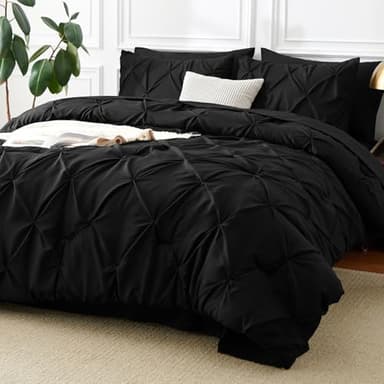 CozyLux Queen Comforter Set Black, 7 Pieces Pintuck Bed in A Bag, Premium Black Comforter Queen Size, Pinch Pleat Bedding Sets with Comforter, Sheets, Pillowcases & Shams - Image 1
