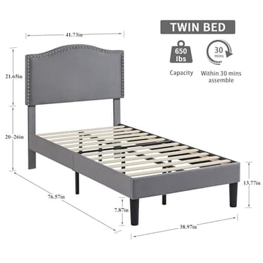 VECELO Twin Bed Frame, Platform Bed Frame with Adjustable Height Upholstered Headboard, Heavy-Duty Frame and Strong Wooden Slats Support, Non-Slip and Noise-Free, Easy Assembly, Dark Grey - Image 2
