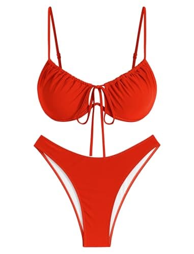 ZAFUL Women High Cut Bikini Sets String Sexy Swimsuit Two Piece Underwire Bathing Suit Brazilian Cheeky Cut Out Cute Swimwear Red M - Image 5