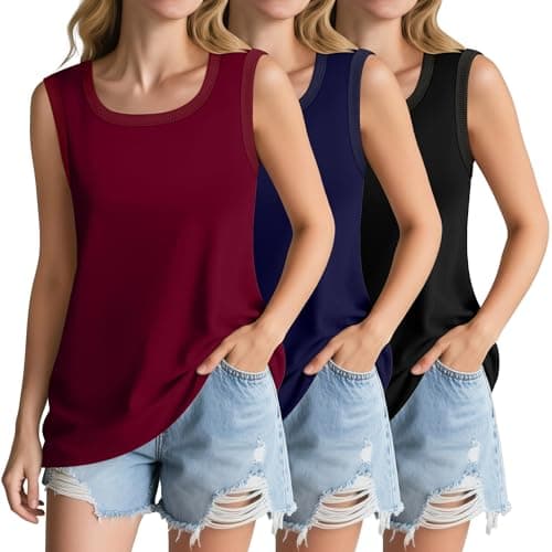 Riyiper 3 Pack Women's Tank Tops Sleeveless Tunic Shirts Cotton Loose Scoop Neck 2025 Summer Beach Vacation Clothes(Wine Red, Navy Blue, Black,Large) - Image 1