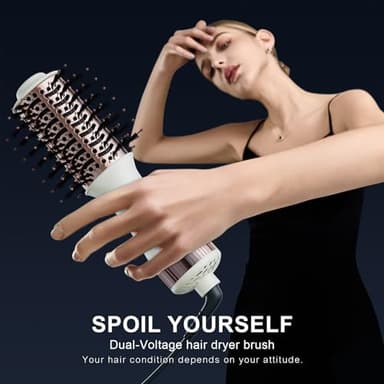 Travel Dual Voltage Hair Dryer Brush 4-IN-1 Portable Mini Hot Air Blow Dryer Straightener & Curler Brush, Titanium Round Blowout Styler Volumizer Tools, 110/240V US/EU/UK Plug for International Travel - Image 3