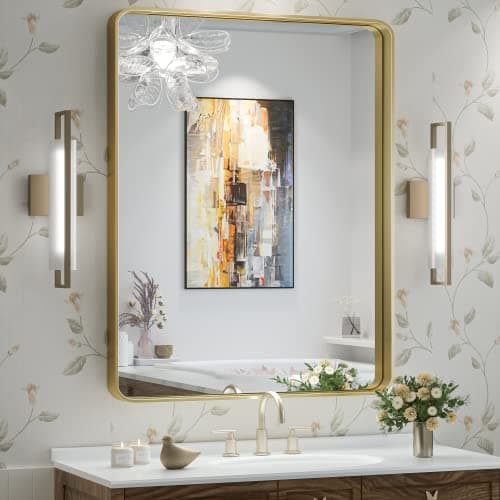TokeShimi Bathroom Mirror for Wall 24 x 32 Inch Gold Brushed Brass Metal Rounded Corner Rectangle Mirror Wall Mirror in Metal Frame - Image 1