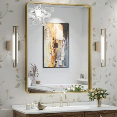 TokeShimi Bathroom Mirror for Wall 24 x 32 Inch Gold Brushed Brass Metal Rounded Corner Rectangle Mirror Wall Mirror in Metal Frame - Image 1