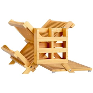 Greenual Bamboo Dish Drying Rack with Utensil Holder, 3 Tier Collapsible Dish Rack, Wooden Dish Racks for Kitchen Counter, Large Folding Drying Holder with Absorbent Dish Drying Mat - Image 7