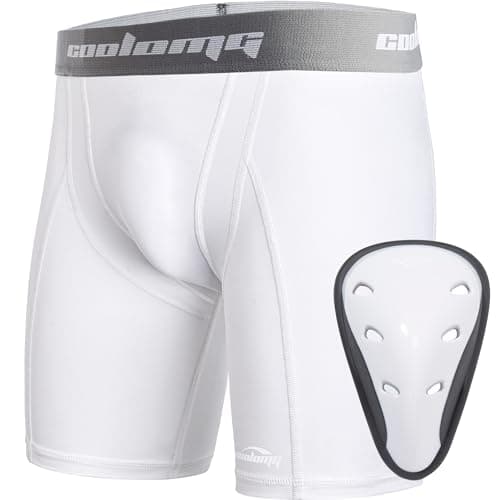 COOLOMG Athletic Cups Youth Boys Sliding Shorts with Protective Cup Baseball Football MMA Lacrosse Hockey White M - Image 1