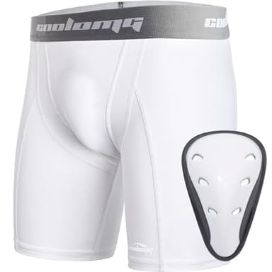 COOLOMG Athletic Cups Youth Boys Sliding Shorts with Protective Cup Baseball Football MMA Lacrosse Hockey White M - Image 1