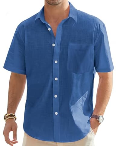 J.VER Linen Shirts for Men Beach Vacation Button Down Short Sleeve Untucked Dress Shirt Cotton Big and Tall Wedding Tops Blue XL - Image 1
