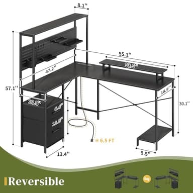 Yoobure L Shaped Desk with Pegboard, Reversible Computer Desk with Drawers & Storage Shelves, Gaming Desk with LED Lights & Power Outlets, Office Desk with Monitor Stand Corner Desk Home Office Desks - Image 2