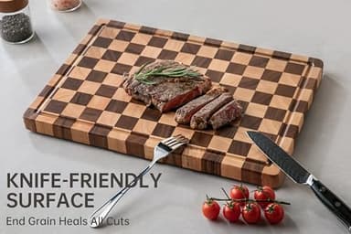 THETCHRY Cutting Boards for Kitchen, Checkered Cutting Board Upgraded, Acacia Wood Chopping Board with Juice Grooves & Handles, Large Butcher Block Serving Tray with Gift Box, 16.5" x 11.6" x 0.8" - Image 3
