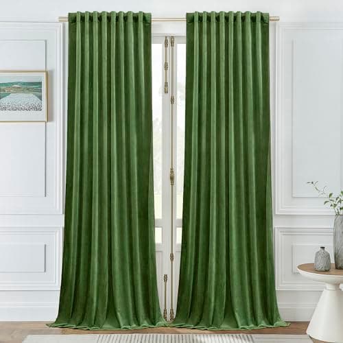 Timeper Moss Green Velvet Curtains - Room Darkening Curtain Panels Back Tab Design Luxury Curtains Drapes for Living Room, W52 x L96, 2 Panels - Image 1