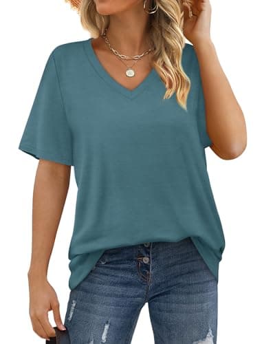 Womens Tshirts Short Sleeve V Neck Oversized Shirts Summer Casual Tops Blue M - Image 3