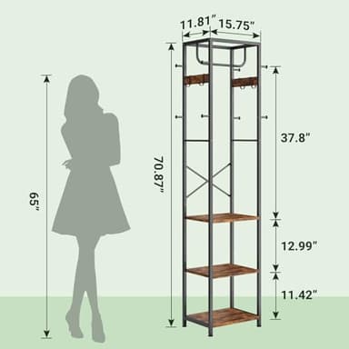ELYKEN Coat Rack Freestanding, Hall Tree with 3 Storage Shelves and 12 Hooks, Industrial Clothes Rack Stand Organizer for Bedroom, Hallway, Entryway, Office, Living Room, Rustic Brown - Image 3