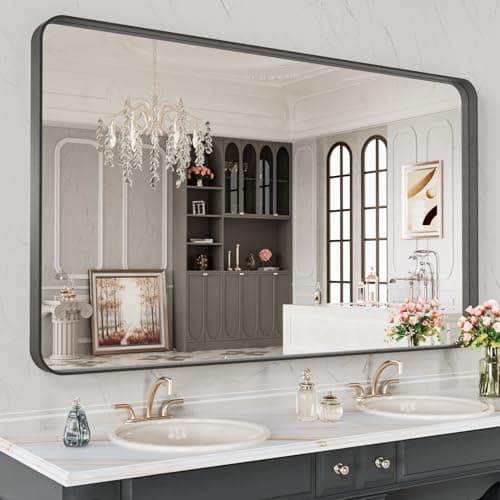 LOAAO 48X28 Inch Black Metal Framed Bathroom Mirror for Wall, Matte Black Bathroom Vanity Mirror Farmhouse, Anti-Rust, Tempered Glass, Hangs Horizontally or Vertically - Image 1