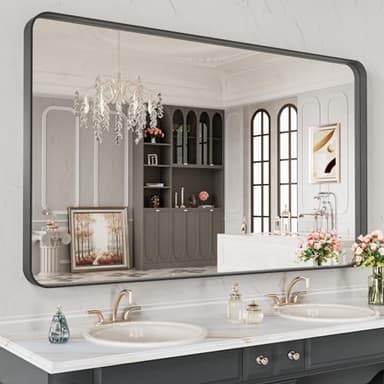 LOAAO 48X28 Inch Black Metal Framed Bathroom Mirror for Wall, Matte Black Bathroom Vanity Mirror Farmhouse, Anti-Rust, Tempered Glass, Hangs Horizontally or Vertically - Image 1