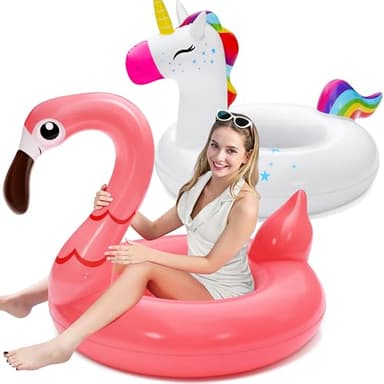 SLOOSH 2-Pack Unicorn Flamingo Pool Floats - Inflatable Pool Floaties Swimming Party Decorations, Fun Float Swim Rings Floating Tubes Beach Lake Summer Vacation Floaty with Headrest for Adults Kids - Image 1