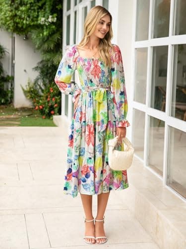 Amegoya Womens Spring Floral Long Sleeve Maxi Dress Square Neck Smocked Tiered Flowy Dress(A-Floral 3) - Image 4