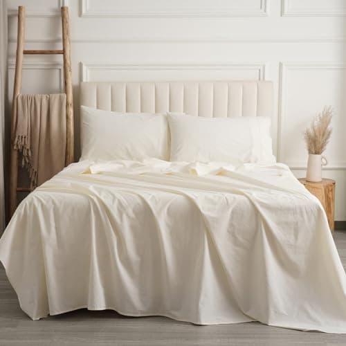 PHF 100% Garment Washed Cotton Sheets Set King Size, Ultra Soft Cotton Bedding Sheets Set, 4 PCS Breathable Moisture-Wicking Durable Sheet Set,Deep Pocket Cotton Bed Sheet Up to 16", Cream - Image 1