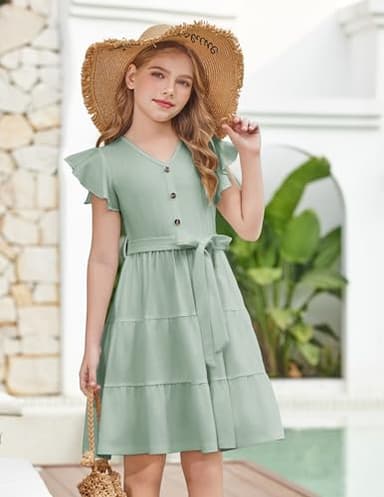 Arshiner Girls Dress Short Sleeve Summer V Neck Button Removable Belt Dresses with Pockets 5-6 Years Light Green - Image 3