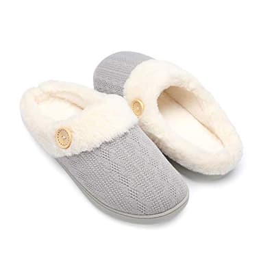 Chantomoo Womens Slipper Warm Comfy Memory Foam House Slippers Knitted Shoes Faux Fur Lined Anti-Skid Rubber Sole Bedroom Cozy Indoor Outdoor Slippers Lihgt Grey Size7 8 6.5 - Image 1