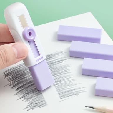 M&G 4+1 Pack Rubber Erasers Sliding Retractable Eraser, Soft Cute Erasers Push Pull Large Pencil Eraser with Plastic Sleeve 4 Refill Eraser for Students Kids, School Office Home Supplies (Purple) - Image 6